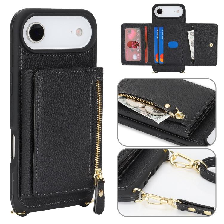 For iPhone Air Crossbody Zipper Wallet Ring Holder Litchi Leather Phone Case(Black)