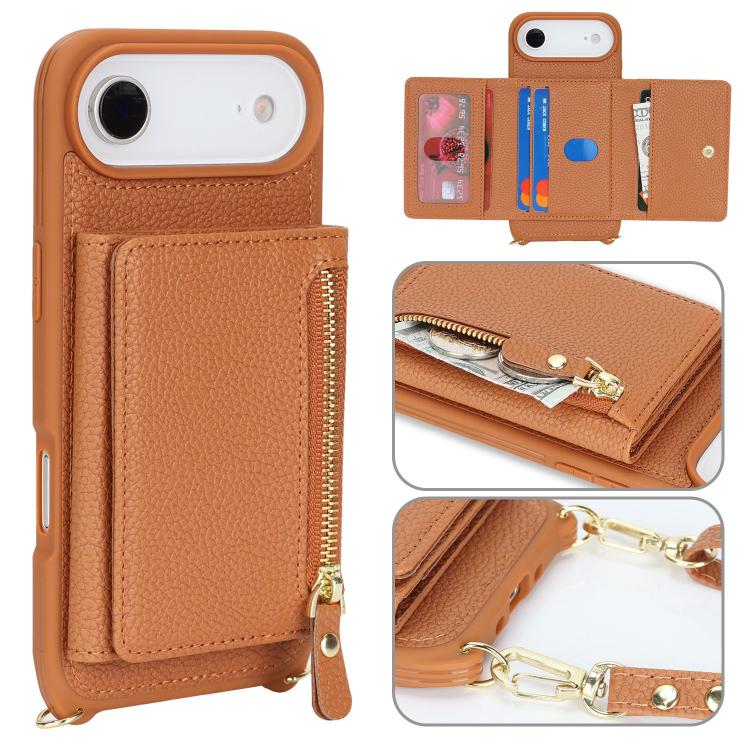 For iPhone Air Crossbody Zipper Wallet Ring Holder Litchi Leather Phone Case(Brown)
