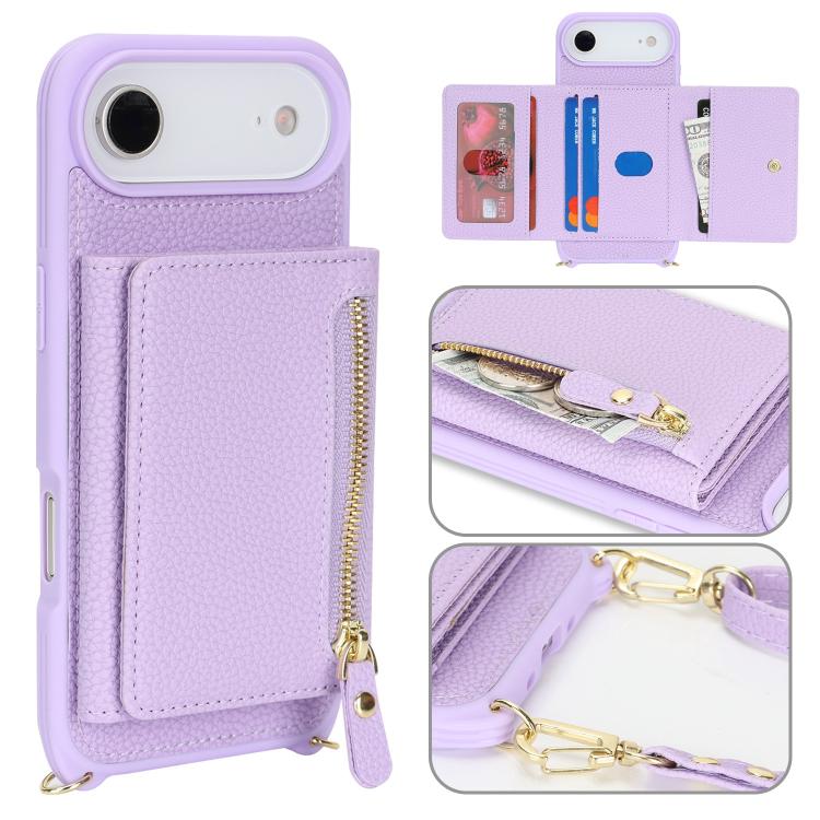 For iPhone Air Crossbody Zipper Wallet Ring Holder Litchi Leather Phone Case(Purple)