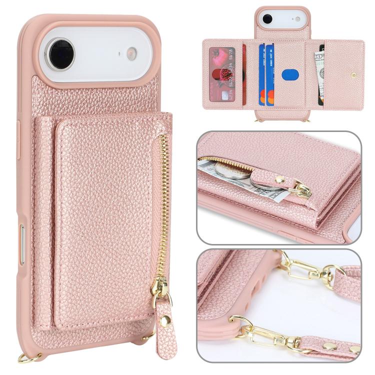 For iPhone Air Crossbody Zipper Wallet Ring Holder Litchi Leather Phone Case(Rose Gold)