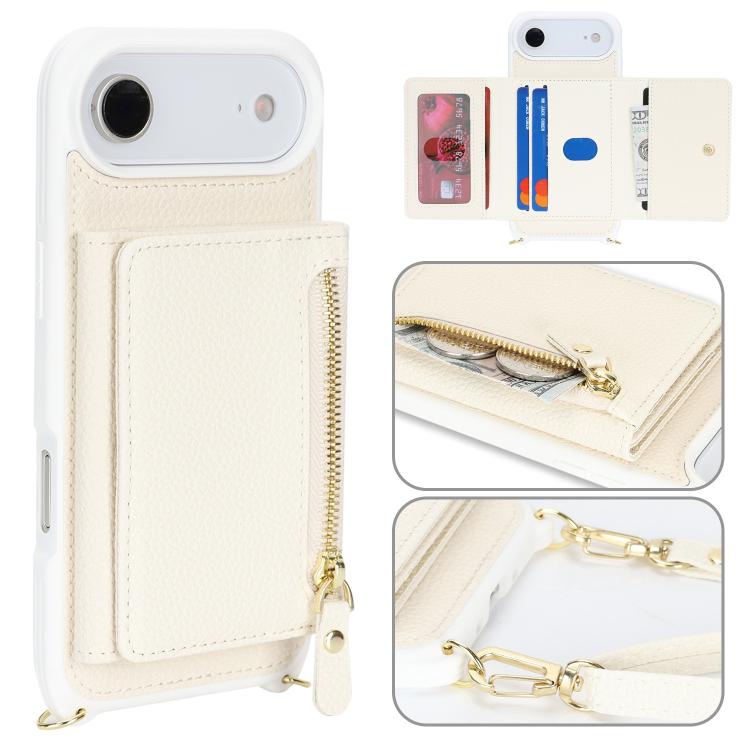 For iPhone Air Crossbody Zipper Wallet Ring Holder Litchi Leather Phone Case(White)