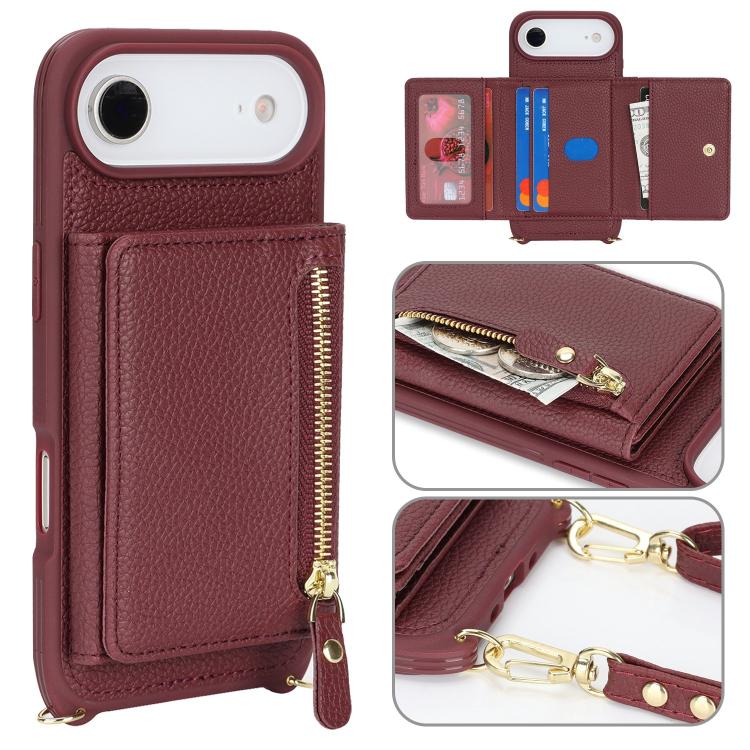 For iPhone Air Crossbody Zipper Wallet Ring Holder Litchi Leather Phone Case(Wine Red)