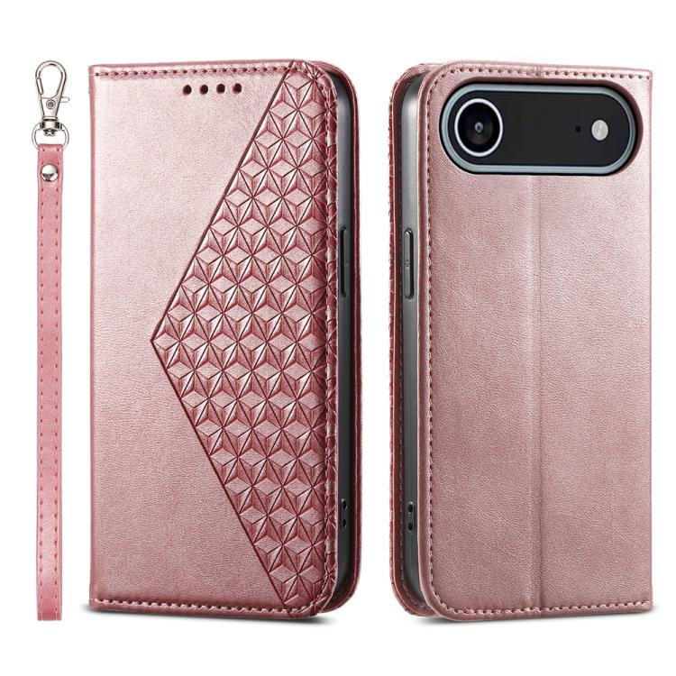 For iPhone Air Cubic Grid Calf Texture Magnetic Leather Phone Case(Rose Gold)