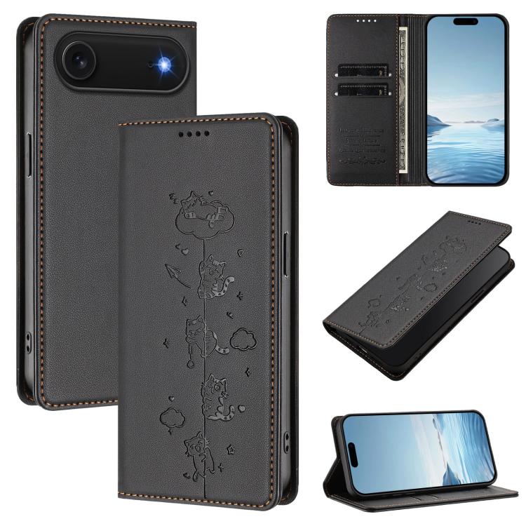 For iPhone Air Cute Cats Embossed Magnetic RFID Vegan Leather Phone Case(Black)