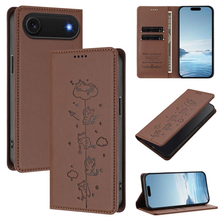 For iPhone Air Cute Cats Embossed Magnetic RFID Vegan Leather Phone Case(Brown)