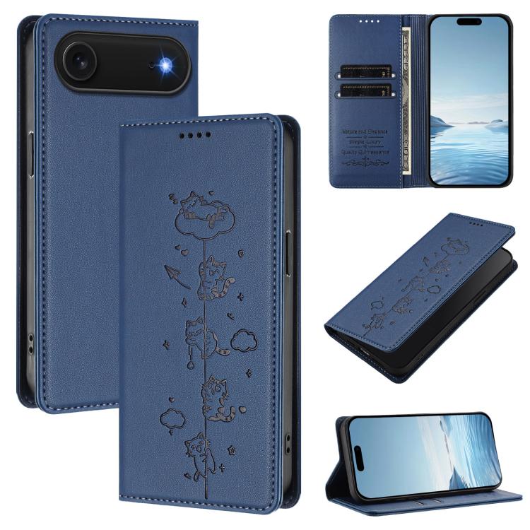 For iPhone Air Cute Cats Embossed Magnetic RFID Vegan Leather Phone Case(Dark Blue)