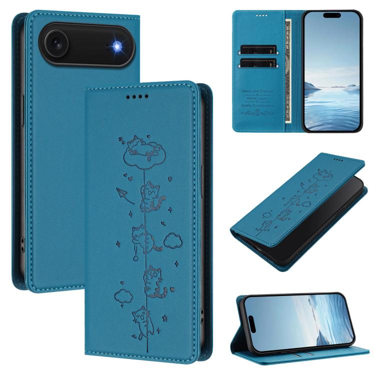 For iPhone Air Cute Cats Embossed Magnetic RFID Vegan Leather Phone Case(Lake Blue)