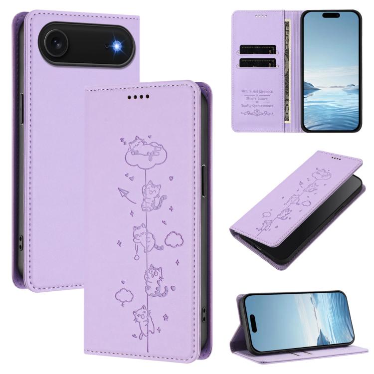 For iPhone Air Cute Cats Embossed Magnetic RFID Vegan Leather Phone Case(Light Purple)
