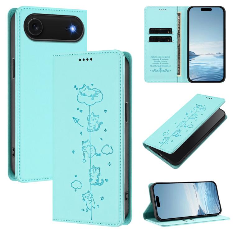 For iPhone Air Cute Cats Embossed Magnetic RFID Vegan Leather Phone Case(Mint Green)