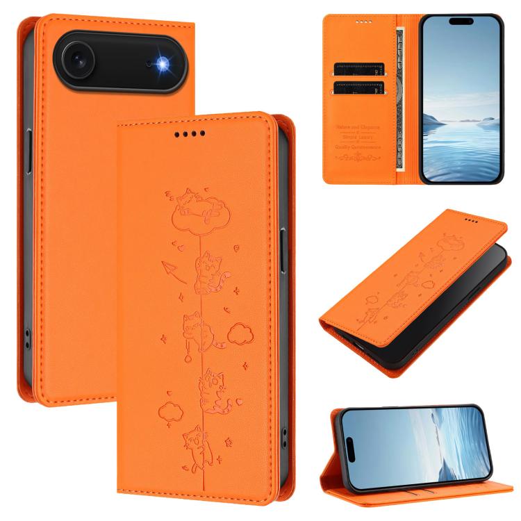 For iPhone Air Cute Cats Embossed Magnetic RFID Vegan Leather Phone Case(Orange)