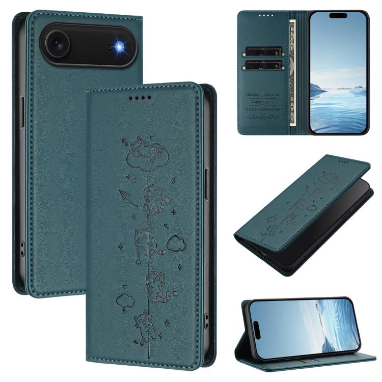 For iPhone Air Cute Cats Embossed Magnetic RFID Vegan Leather Phone Case(Peacock Green)