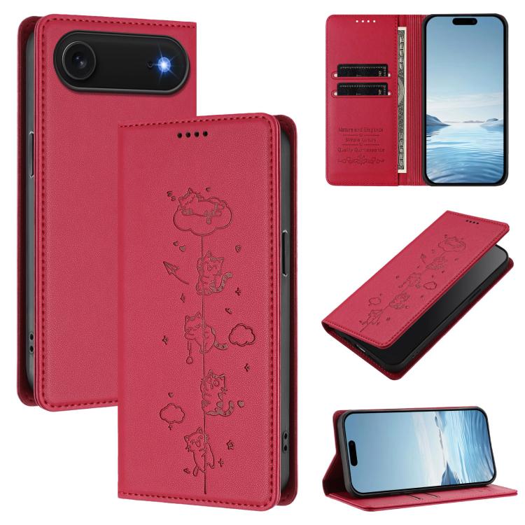 For iPhone Air Cute Cats Embossed Magnetic RFID Vegan Leather Phone Case(Red)