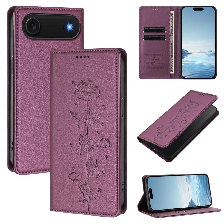 For iPhone Air Cute Cats Embossed Magnetic RFID Vegan Leather Phone Case(Violet Purple)