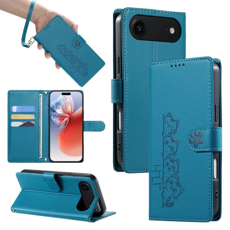 For iPhone Air Cute Cats Magnetic Closure Vegan Leather Phone Case with Strap(Blue)
