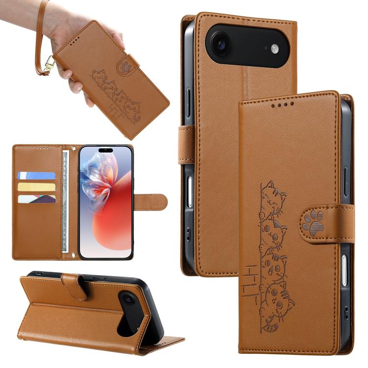 For iPhone Air Cute Cats Magnetic Closure Vegan Leather Phone Case with Strap(Brown)