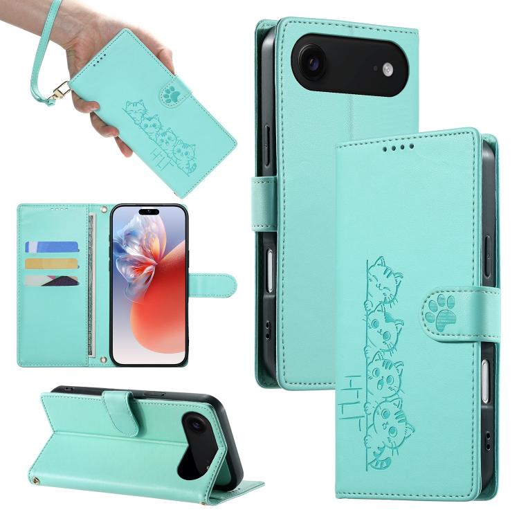 For iPhone Air Cute Cats Magnetic Closure Vegan Leather Phone Case with Strap(Green)