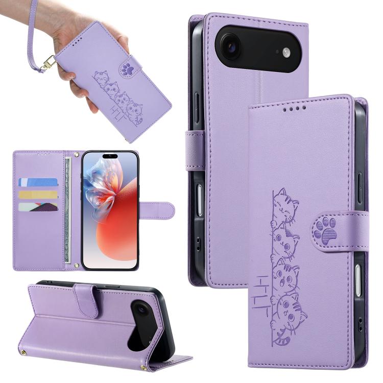For iPhone Air Cute Cats Magnetic Closure Vegan Leather Phone Case with Strap(Purple)