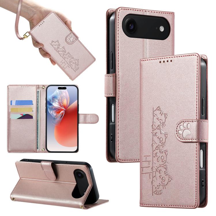 For iPhone Air Cute Cats Magnetic Closure Vegan Leather Phone Case with Strap(Rose Gold)