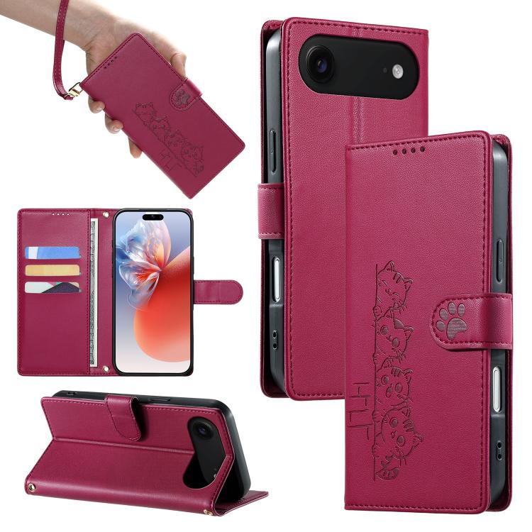 For iPhone Air Cute Cats Magnetic Closure Vegan Leather Phone Case with Strap(Rose Red)