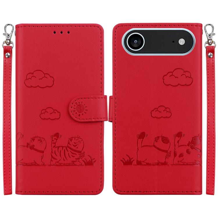 For iPhone Air Cute Cats RFID Leather Phone Case(Red)