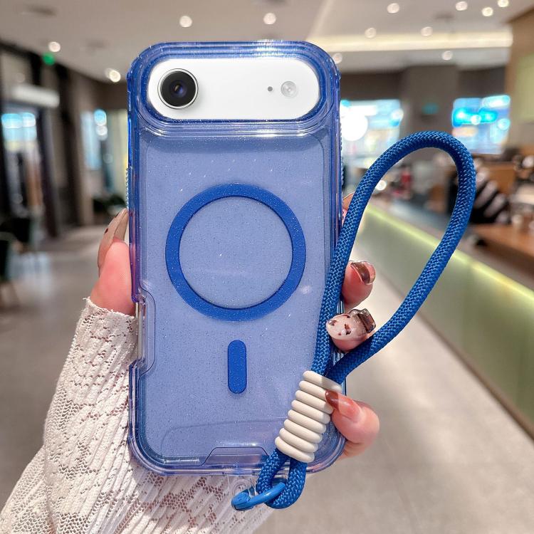 For iPhone Air Detachable 3 in 1 Glitter Magnetic Phone Case with Hand Strap(Blue)