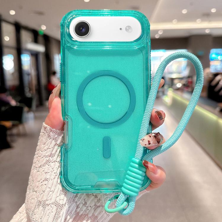 For iPhone Air Detachable 3 in 1 Glitter Magnetic Phone Case with Hand Strap(Mint Green)