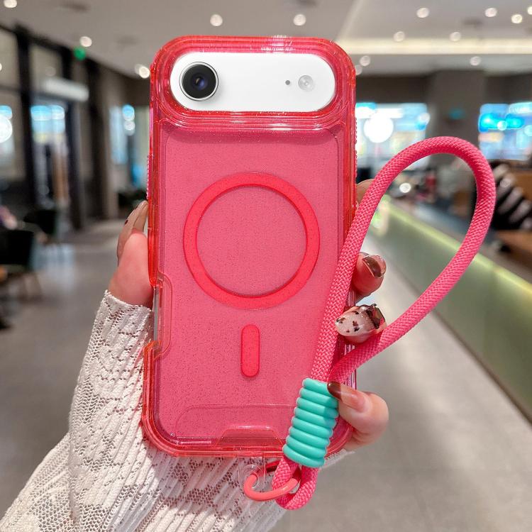 For iPhone Air Detachable 3 in 1 Glitter Magnetic Phone Case with Hand Strap(Pink)