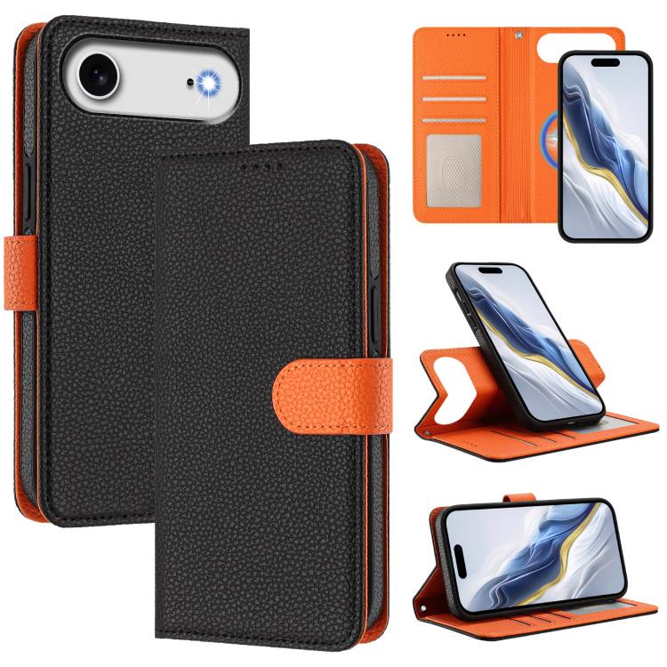 For iPhone Air Detachable Litchi Texture Magnetic Side-Patch Vegan Leather Phone Case(Black Orange)
