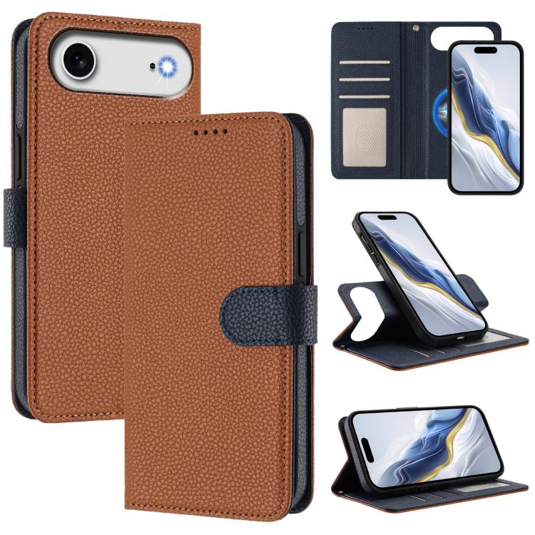 For iPhone Air Detachable Litchi Texture Magnetic Side-Patch Vegan Leather Phone Case(Brown Dark Blue)