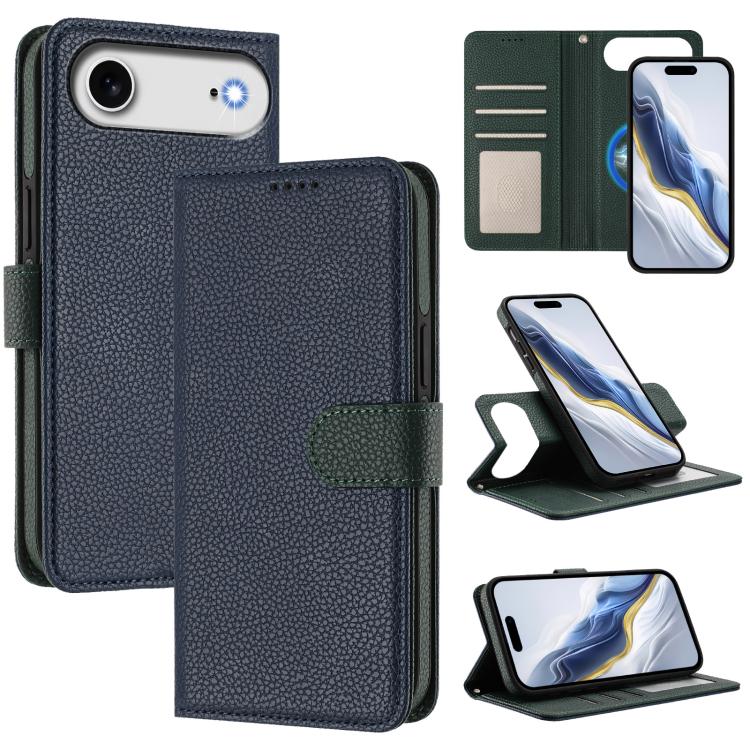 For iPhone Air Detachable Litchi Texture Magnetic Side-Patch Vegan Leather Phone Case(Dark Blue Dark Green)