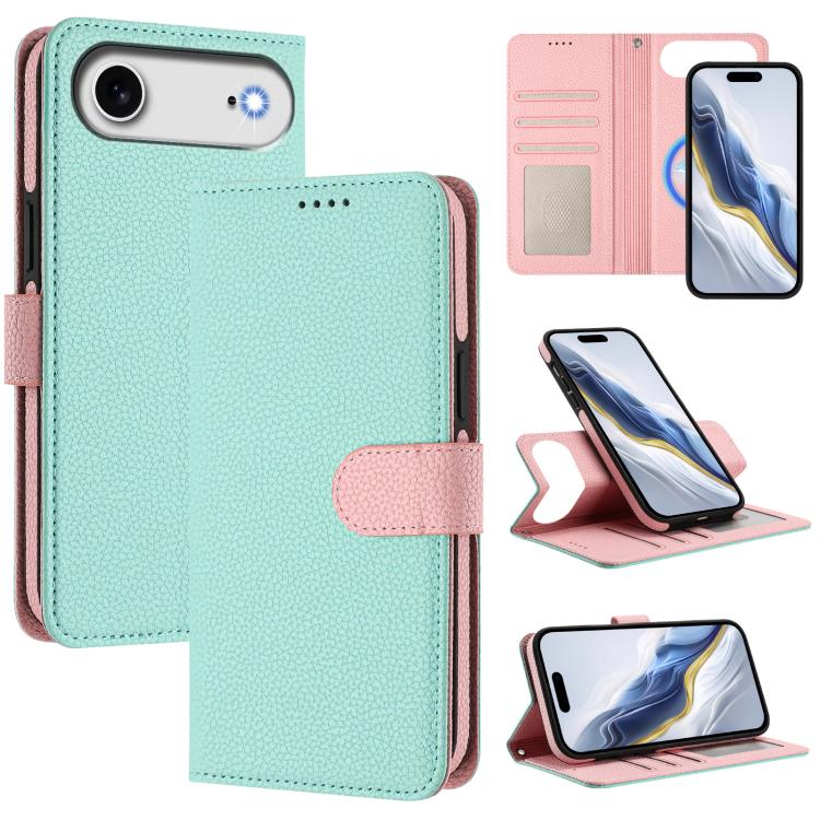 For iPhone Air Detachable Litchi Texture Magnetic Side-Patch Vegan Leather Phone Case(Mint Green Pink)