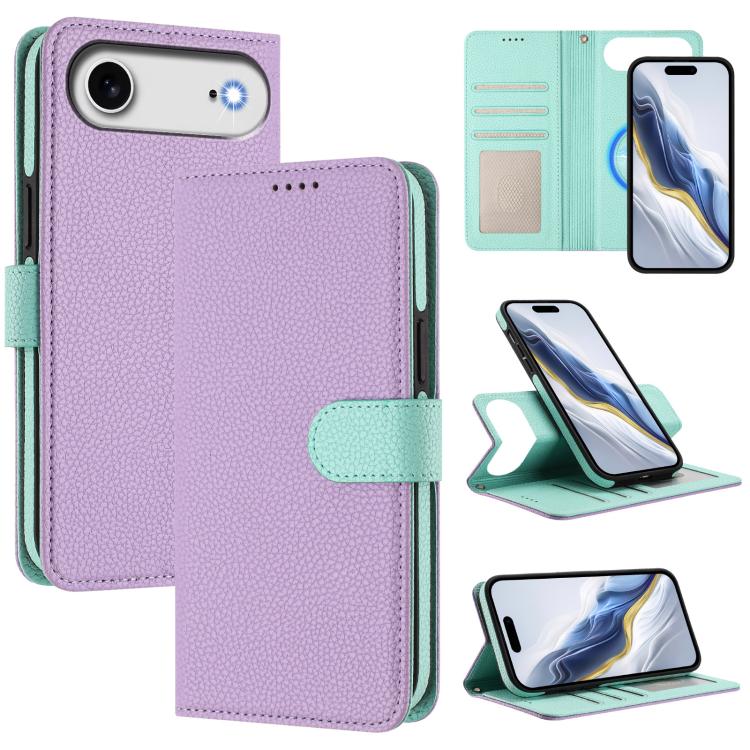 For iPhone Air Detachable Litchi Texture Magnetic Side-Patch Vegan Leather Phone Case(Purple Mint Green)