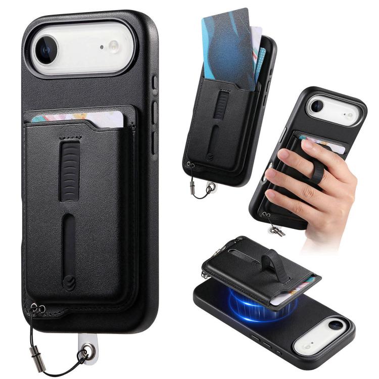 For iPhone Air Detachable Magnetic Card Bag Phone Case with Finger Ring Grip & Anti-loss Rope(Black)