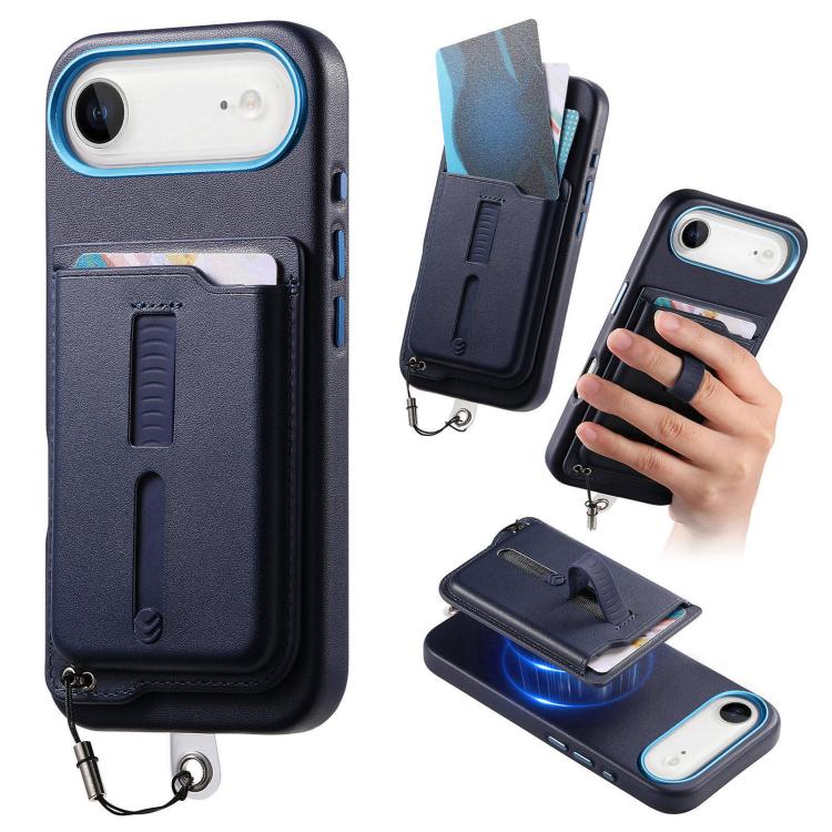 For iPhone Air Detachable Magnetic Card Bag Phone Case with Finger Ring Grip & Anti-loss Rope(Blue)