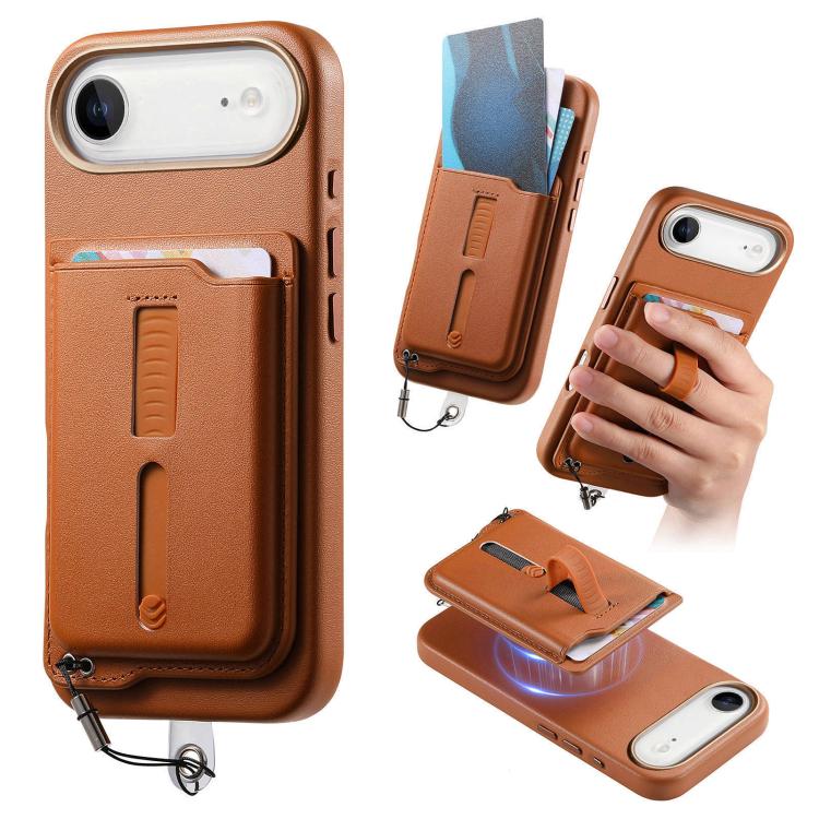 For iPhone Air Detachable Magnetic Card Bag Phone Case with Finger Ring Grip & Anti-loss Rope(Brown)