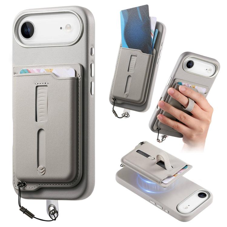 For iPhone Air Detachable Magnetic Card Bag Phone Case with Finger Ring Grip & Anti-loss Rope(Gray)