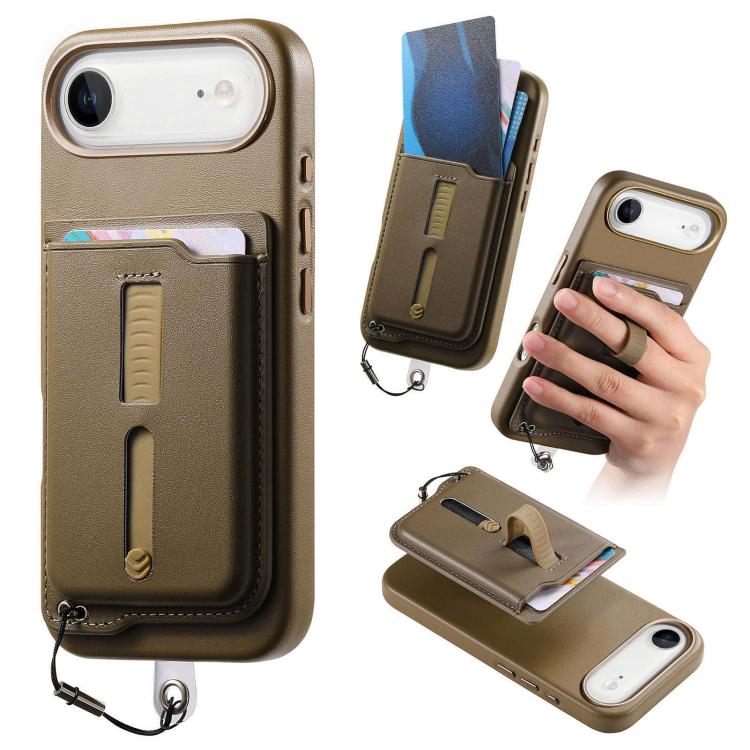 For iPhone Air Detachable Magnetic Card Bag Phone Case with Finger Ring Grip & Anti-loss Rope(Khaki)