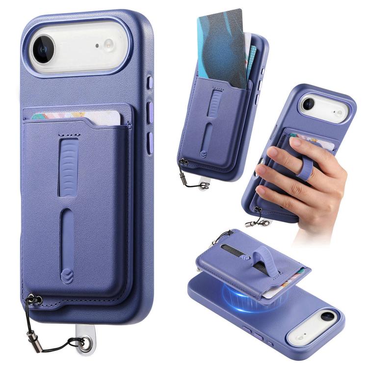 For iPhone Air Detachable Magnetic Card Bag Phone Case with Finger Ring Grip & Anti-loss Rope(Lavender)