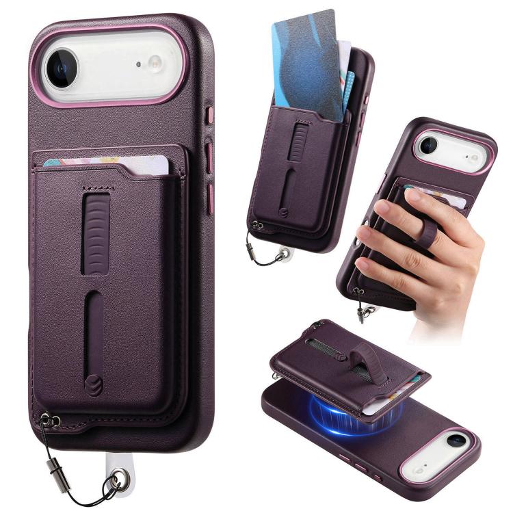 For iPhone Air Detachable Magnetic Card Bag Phone Case with Finger Ring Grip & Anti-loss Rope(Purple)