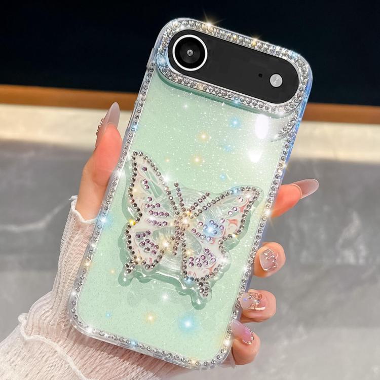 For iPhone Air Diamond Glitter Butterfly Holder Phone Case(Light Green)