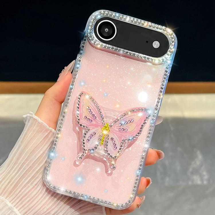 For iPhone Air Diamond Glitter Butterfly Holder Phone Case(Light Pink)