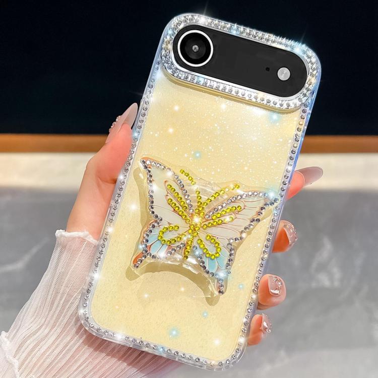 For iPhone Air Diamond Glitter Butterfly Holder Phone Case(Light Yellow)