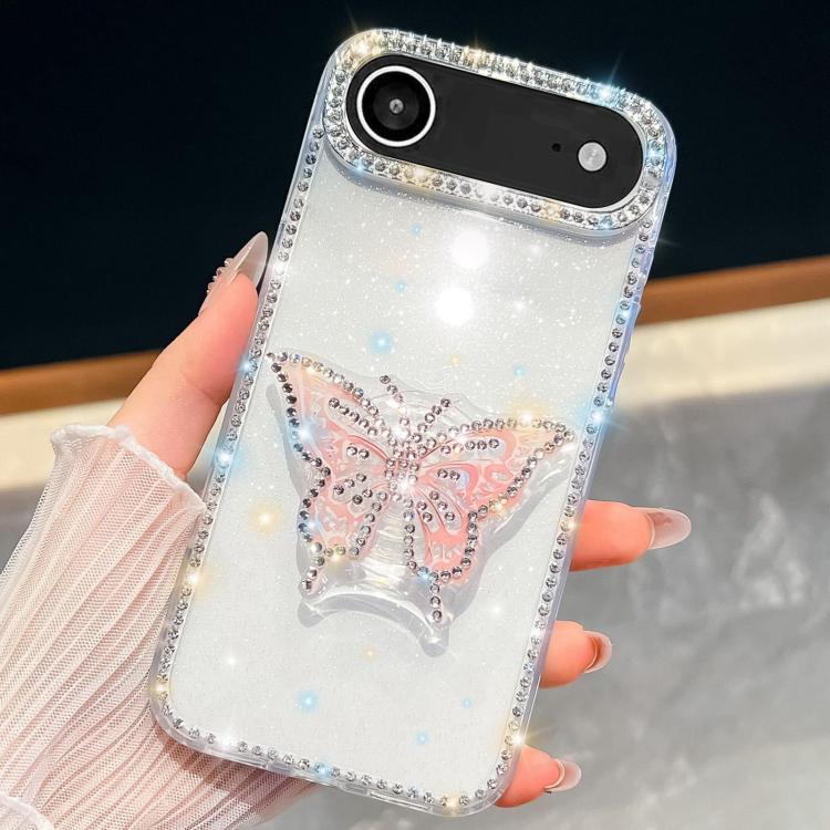 For iPhone Air Diamond Glitter Butterfly Holder Phone Case(Transparent)