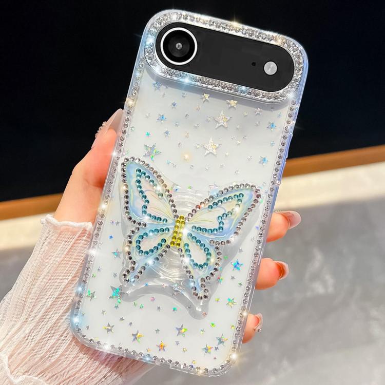 For iPhone Air Diamond Glitter Butterfly Holder Phone Case(Transparent Stars)