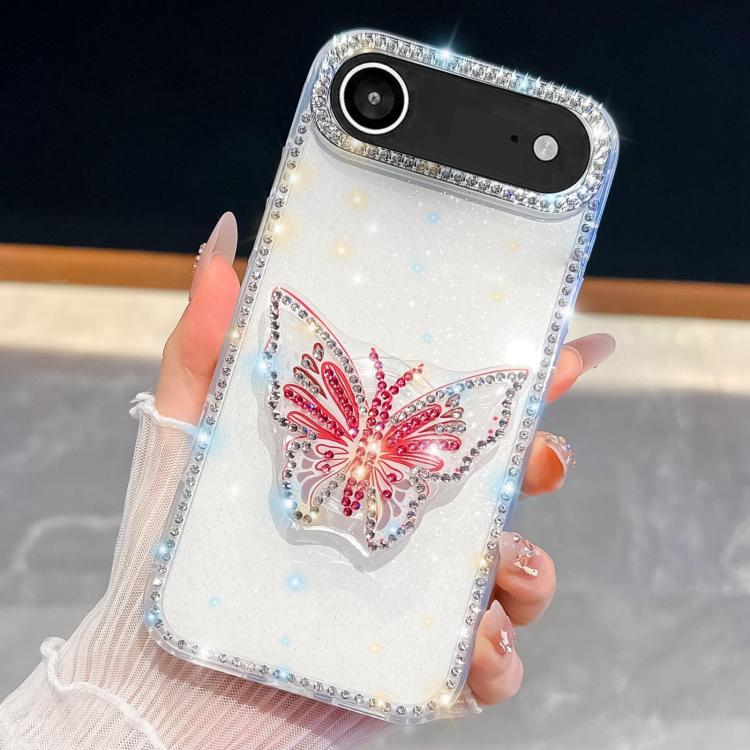 For iPhone Air Diamond Glitter Butterfly Holder Phone Case(White)