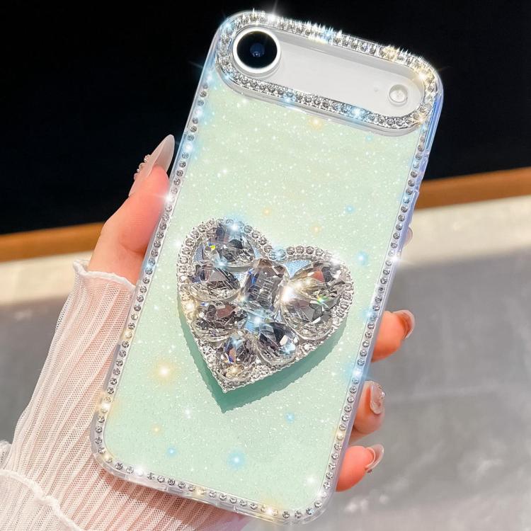 For iPhone Air Diamond Glitter Gemstone Heart Holder Phone Case(Light Green)