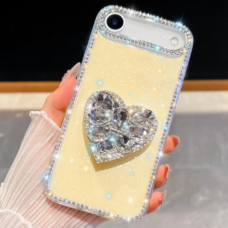 For iPhone Air Diamond Glitter Gemstone Heart Holder Phone Case(Light Yellow)