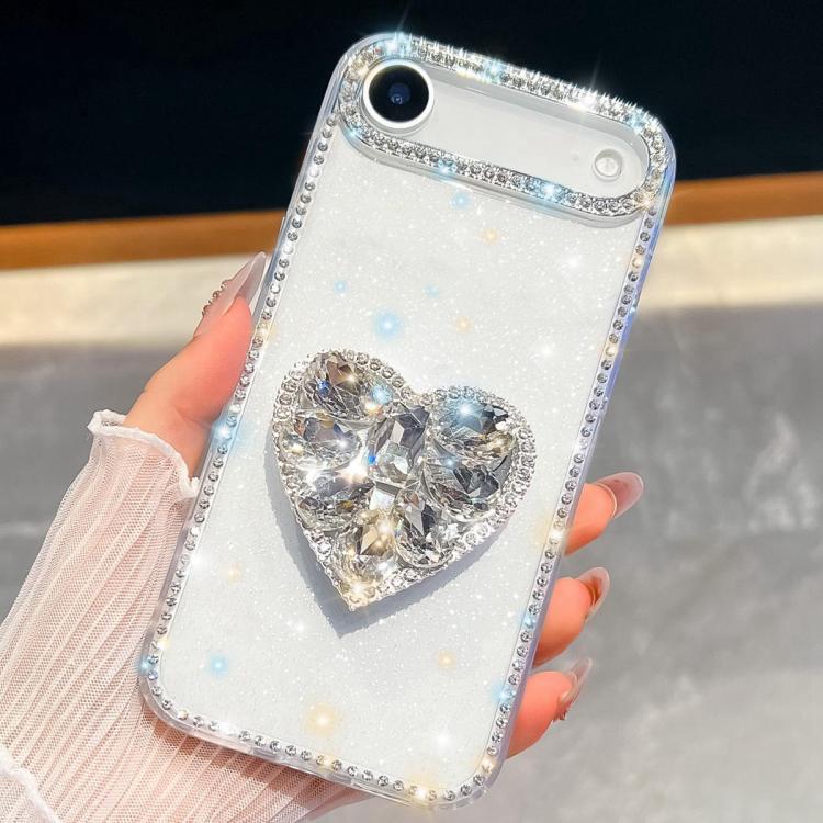 For iPhone Air Diamond Glitter Gemstone Heart Holder Phone Case(White)