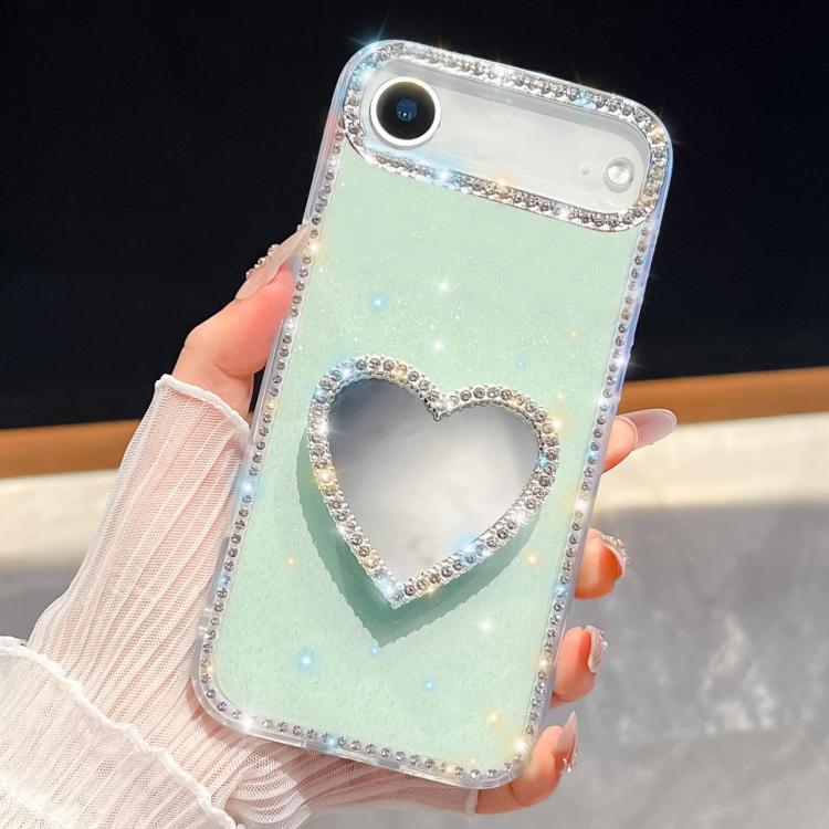 For iPhone Air Diamond Glitter Mirror Heart Holder Phone Case(Light Green)