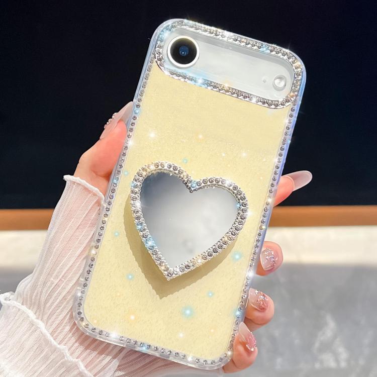 For iPhone Air Diamond Glitter Mirror Heart Holder Phone Case(Light Yellow)